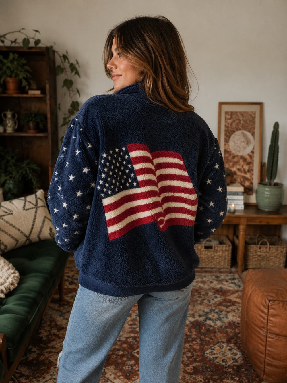 Vintage 90s USA Flag Fleece Jacket Americana Cozy L